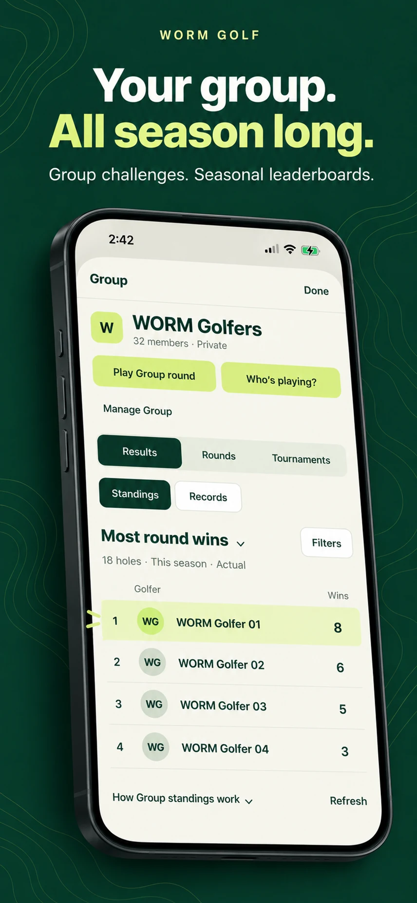 Your group. All season long. A 32-member WORM group with a seasonal leaderboard, standings, and records.