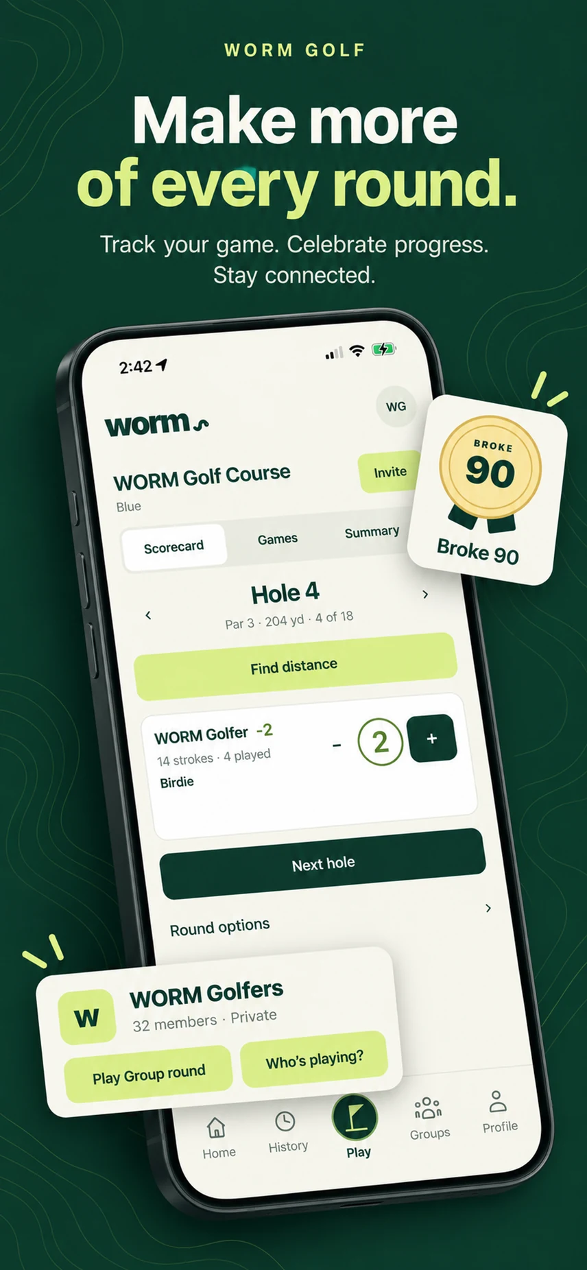 Make more of every round. Track your game. Celebrate progress. Stay connected. WORM scoring, a Broke 90 milestone, and a 32-member group.