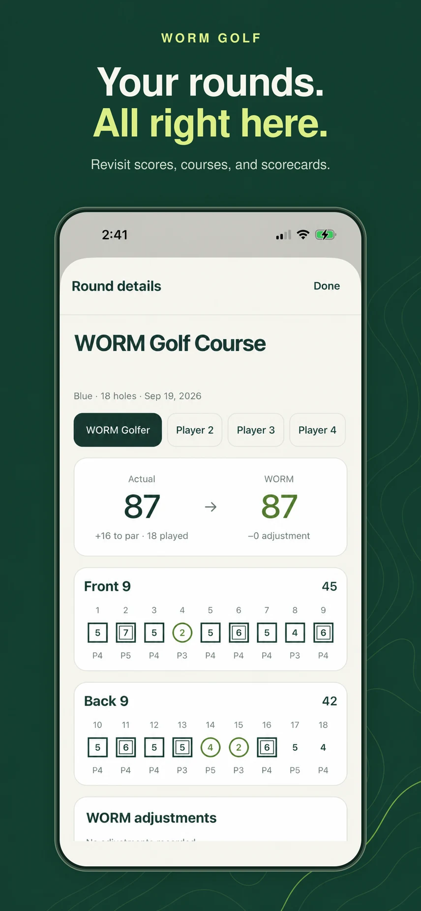 Your rounds. All right here. WORM round history showing a saved 18-hole scorecard, scores, and course details.