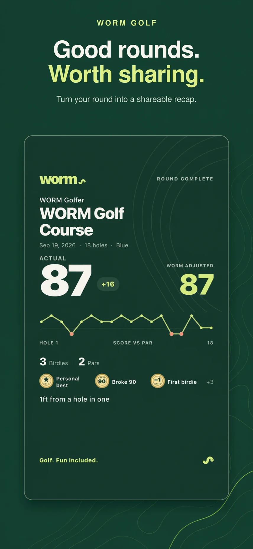 Share your round. WORM round recap with scores and highlights, ready to share with friends.